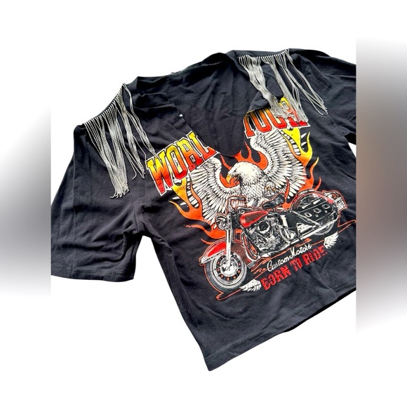 NWT Deadstock Y2K Motorcycle V Neck Baby Tee with Silver Tassels Size Small - Picture 1 of 11